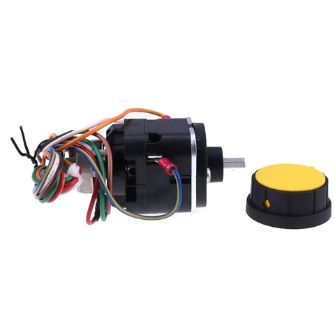 Rotary Potentiometer Speed Switch And Control Knob Replacement For JLG Boom Lift Rig 4360407 2560136 showing wires and yellow knob.