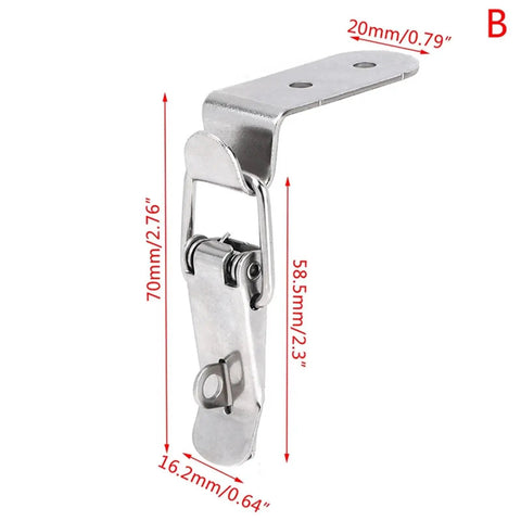 90 Degree Latch Kit With 10 Pieces Duck Mouth Buckle Hook Lock Spring Loaded Draw Toggle Clamp for doors, dimensions shown
