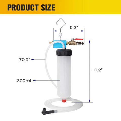 Vacuum Brake And Clutch Fluid Extractor Kit With 300Ml Capacity And 71 Inch Hose, dimensions and metal shut off valve detail