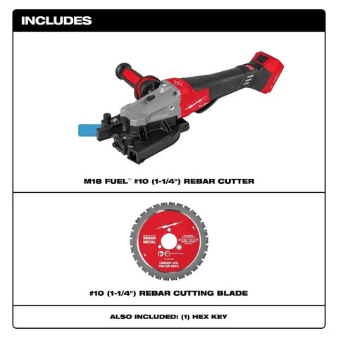 Milwaukee M18 FUEL 3675-20 Brushless Cordless Rebar Cutter and #10 1-1/4 inch rebar cutting blade with hex key.