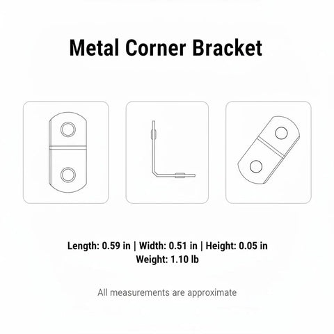 Compact Right Angle Corner Bracket For Woodworking Metal Frame Brace Plate dimensions and side view illustration.