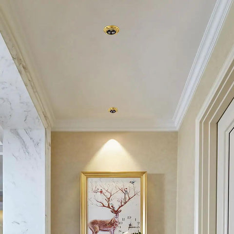 Five Inch Led Recessed Downlight With Tunable Warm Cool White Levels High Cri90 Clarity Rust Proof Brass Body No Sweat Cooling Flow Perfect For Chill Living Spaces And Fast Weekend Install Jobs installed in a ceiling highlighting a wall art.