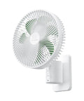 Dope 8 Inch Wall Mounted Fan With Remote, 90 Degree Oscillation, Four Speed Settings, Quiet Operation, Adjustable Tilt, Side View.