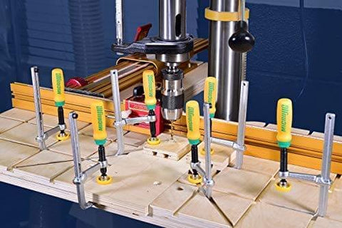 Matchfit Dovetail Clamps Set With Soft Grip Handles Two Piece Two Pack For Precise Routing Fences And Sleds in use on workbench
