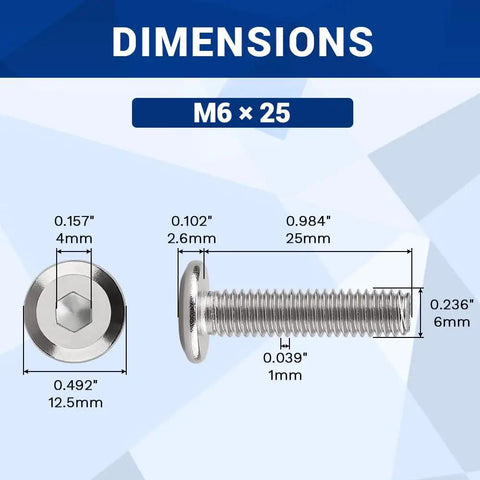 Dimensions of 10 Sets M6 1 By 25mm Flat Head Binding Screws With M6 15mm Binding Nuts In 304 Stainless Steel