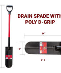 12 Gauge 14 Inch Drain Spade With Fiberglass D-Grip Handle, Closed Back Steel Blade, side view and measurements shown