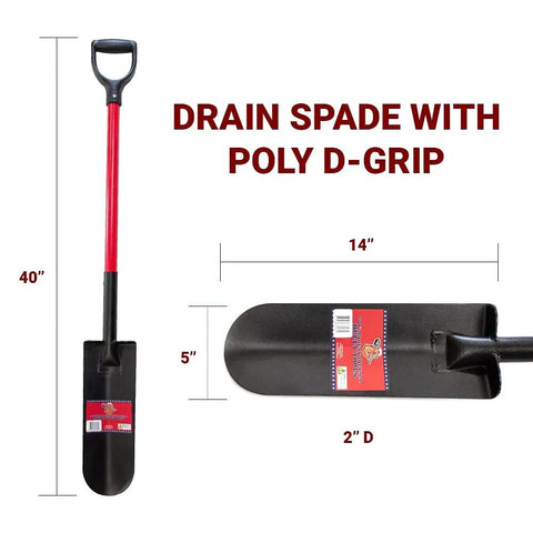 12 Gauge 14 Inch Drain Spade With Fiberglass D-Grip Handle, Closed Back Steel Blade, side view and measurements shown
