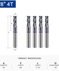 Carbide Square End Mill Four Flute One Eighth Inch Shank CNC Router Bits For Aluminum Steel Brass With AlTiN Coating Five Pack