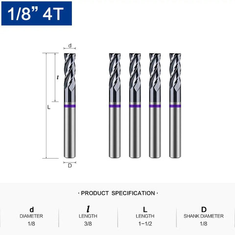 Carbide Square End Mill Four Flute One Eighth Inch Shank CNC Router Bits For Aluminum Steel Brass With AlTiN Coating Five Pack
