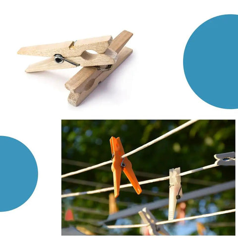 Clothespin on clothesline with blue circles in background.