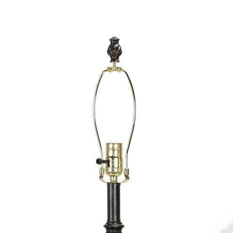 Traditional Resin Floor Lamp With Bell Shade In Golden Bronze Finish showing 3-Way Light Switch and bird finial detail.