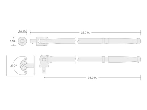 Technical diagram of Half Inch Drive 24 Inch Breaker Bar with Pivoting Head, showing dimensions and pivot range.