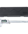 0-150mm Digital Caliper with Large LCD Display next to its black protective case on a white background.