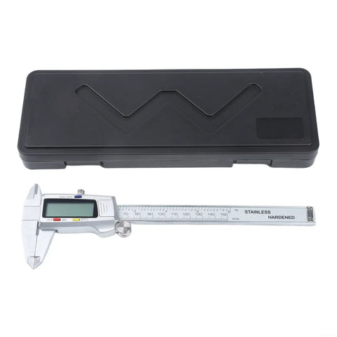 0-150mm Digital Caliper with Large LCD Display next to its black protective case on a white background.