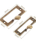 Six Pack Antique Brass Label Frame Card Holder Drawer Pulls For Cabinets And Drawers 2.12 By 1.18 Inch Zinc Alloy Durable Rust Resistant Hardware For Furniture Decor And Carpenter Repairs, showing two pulls with measurements.