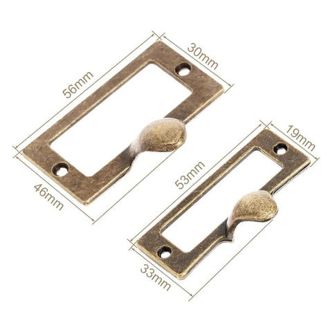 Six Pack Antique Brass Label Frame Card Holder Drawer Pulls For Cabinets And Drawers 2.12 By 1.18 Inch Zinc Alloy Durable Rust Resistant Hardware For Furniture Decor And Carpenter Repairs, showing two pulls with measurements.