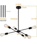 Black Sputnik Chandelier With 6 Lights, Dope Modern Industrial Ceiling Light for dining room, dimensions and adjustable height shown