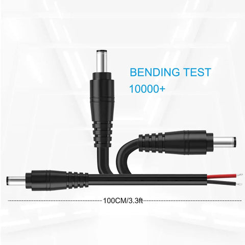 Premium 16AWG DC Power Pigtail Cable With 2.1mm By 5.5mm Barrel Plug, Black, 3-foot, for CCTV cameras, bending test 10000+