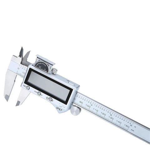 Close-up of a 0-300mm IP67 Digital Caliper 12 Inch Stainless Steel with digital display and measuring scale.