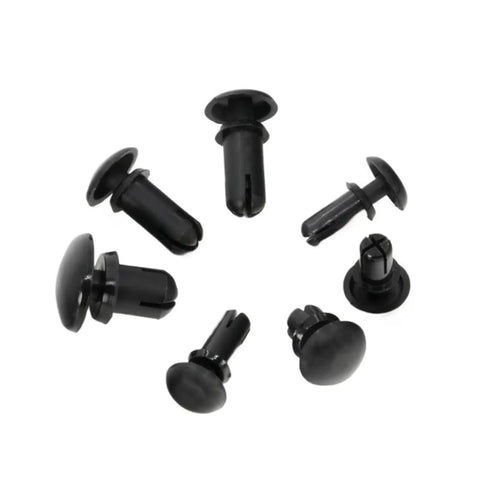 120 Pack R Type Expansion Rivet Nuts Heavy Duty Nylon Threaded Inserts various angled views of black nylon rivet nuts for thin panels
