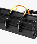 Folded snow plow for cars and ATVs mounts by hitch, showing curved blade and folding mechanism