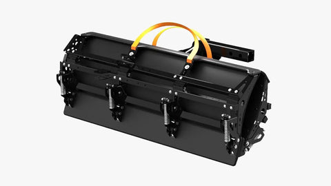 Folded snow plow for cars and ATVs mounts by hitch, showing curved blade and folding mechanism