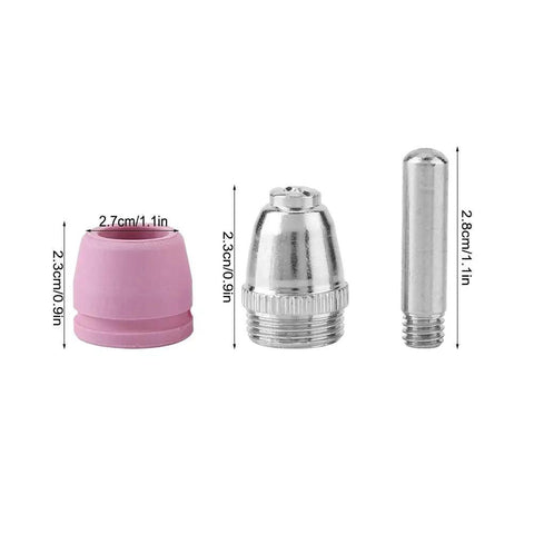 Jiawu Plasma Cutter Consumables Kit With 90 Pieces Featuring 35 Electrodes 35 Nozzles Plus 20 Ceramic Cups showing 3 plasma cutting nozzles and a ceramic cup.