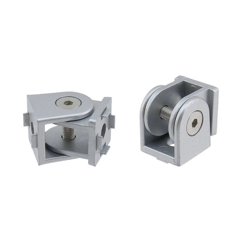 180 Degree Adjustable Pivot Joint Set for 2020 Aluminum Extrusion Profiles, Dope Flexible Zinc Alloy Connectors With Handles, 4 Pack Aluminum Extrusion Accessories in Silver Tone. Two 20x20 zinc alloy pivot joints shown angled