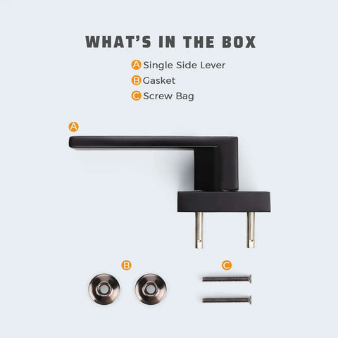 What's in the box diagram for 6 Pack Matte Black Dummy Door Handle Set Heavy Duty Single Sided Door Levers For Right Or Left Handed Doors Interior Mount No Latch Decorative Lever For Interior Use.