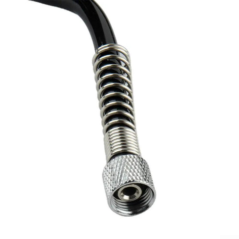 Heavy Duty Black Polyurethane Airbrush Hose 10 Feet Long With One Eighth Inch Quick Swap Connectors close-up showing chrome connector detail.