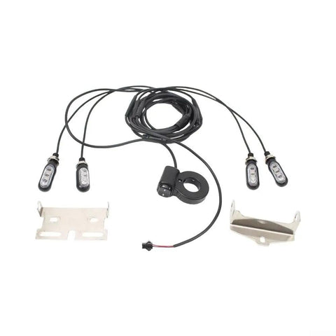 Rock Your Night Ride With This Super Bright 12 Volt E Bike Headlight Kit Featuring IP65 Waterproof Gears And Secure Snap Mount For Glowing 200 Lm LED Visibility So You Can Cruise Safe In Any Weather Without A Flak. 12V headlight kit with wiring, switch, and metal mounts