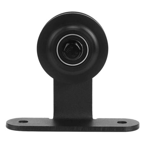 Close-up of a black roller bracket from the Beefy Heavy Duty Sliding Door Rail Kit With Hardware For Barn Doors And Greenhouses