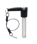 Sturdy 10mm Quick Release Pin Made From Top Grade Stainless Steel For Heavy Duty Applications With Tool Free Snap Action Locking Mechanism and Super Durable Rust Proof Build That Gets The Job Done Fast, showcased with black handle and safety cord.