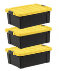 12 Gallon Heavy Duty Storage Tote Set of 3 Black Plastic Bins Featuring Secure Yellow Lids and Grooved Design for Bungee Cord Lockdown stacked vertically.