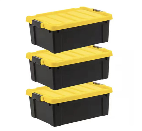 12 Gallon Heavy Duty Storage Tote Set of 3 Black Plastic Bins Featuring Secure Yellow Lids and Grooved Design for Bungee Cord Lockdown stacked vertically.