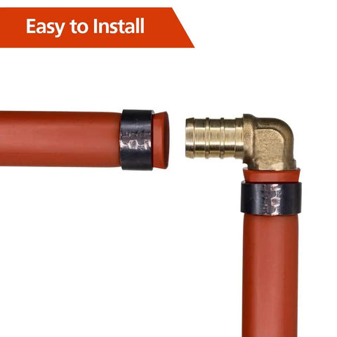 25 Pack 3/4 Inch Brass PEX Elbow Fittings Set For PEX Tubing shown with two red PEX tubes ready for connection