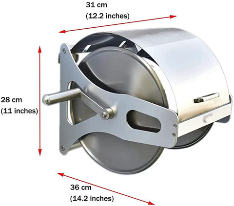 Stainless Steel Garden Hose Reel With Durable Protective Cover And Smooth Metal Crank For 50 Foot Hoses side view showing dimensions 31cm x 28cm x 36cm.