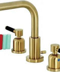 Slick 8 Inch Widespread Bathroom Faucet In Brushed Brass With Pop-Up Drain, Solid Brass Deck Mount, 3-Hole Installation, Dual Lever Handles, ADA Compliant, 1.2 GPM Flow, shown with color handle options.