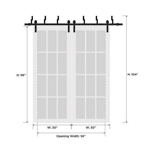 Heavy Duty Sliding Closet Doors 60 X 96 Inches With Complete Barn Bypass Hardware Kit Frosted Glass MDF Panels front view with dimensions.