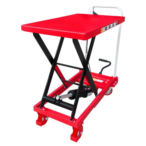 Red hydraulic scissor lift table cart, 500 lb capacity, 27.75 x 17.75 in platform, wheeled
