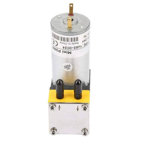 Slick Mini Diaphragm Air Compressor 24V Vacuum Pump with metal housing and dual outlet for air or liquid transfer.