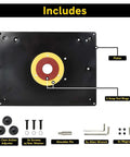 Dead On Accurate Nine By Twelve Inch Router Table Insert Plate with accessories, including snap out rings and cam action adjusters.