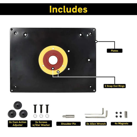 Dead On Accurate Nine By Twelve Inch Router Table Insert Plate with accessories, including snap out rings and cam action adjusters.