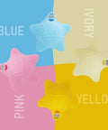 Kid Safe Silicone Bathtub Overflow Drain Cover With Five Rock Solid Suction Cups available in blue, pink, ivory, and yellow starfish shapes.