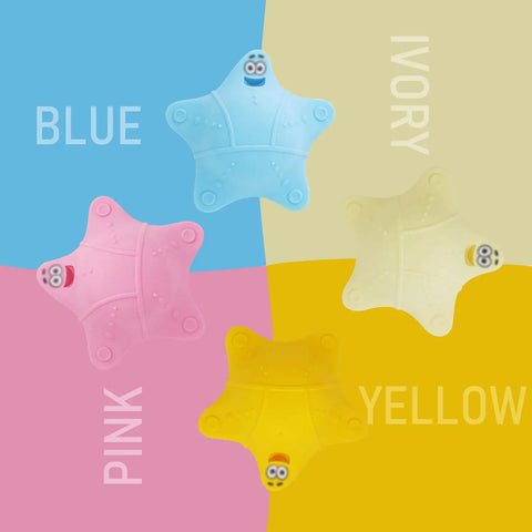 Kid Safe Silicone Bathtub Overflow Drain Cover With Five Rock Solid Suction Cups available in blue, pink, ivory, and yellow starfish shapes.