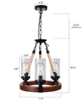 Farmhouse Wagon Wheel Ceiling Chandelier With Wood Frame And Seeded Glass Shades, Rustic Round 3 Lights Pendant Lighting