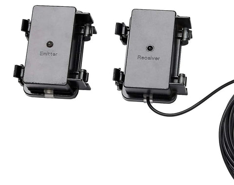 Battery Powered IR Beam Sensor Animatronic Activator For Halloween Displays With 20 Ft Range And Multicolor Lighting Easy Setup Includes Emitter And Receiver Cords And Mounting Hardware For Quick Spooky Scene Activation.