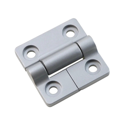 Zinc alloy torque square damper hinge, four-hole plate, silver metal, front view.