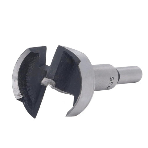 Pro Grade 5 Piece Forstner Drill Bit Set Made From Quality High Speed Carbon Steel Packs precision 35mm cutter showcasing serrated edges.