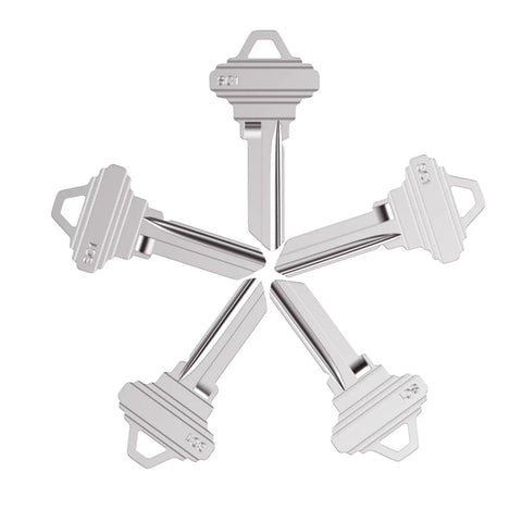 Premium Copper Blank Key Set Of 50 Uncut Keys For Home And Pro Use, durable SC1 keys in a star formation, compatible with 5 pin locks.